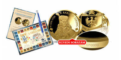 II. Rákóczi Ferenc színarannyal bevont érem Sorszámozással, Tanúsítvánnyal, Társasjátékkal és Tollal